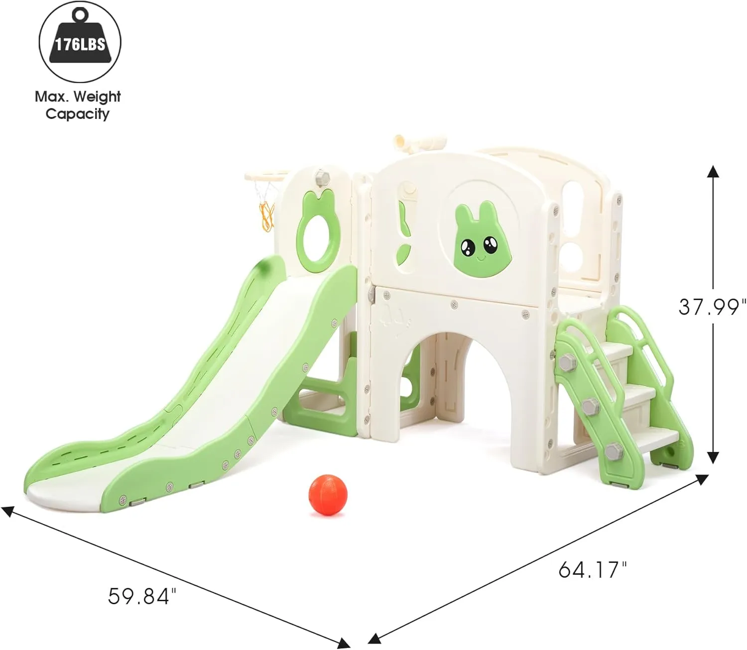 8-in-1 Toddler Slide and Climber Playset, Kids Slide Playground with Stairs, Tunnel, Telescope, Storage, Basketball Hoop and Ball, Indoor Outdoor, 1-3 Years Old, Green