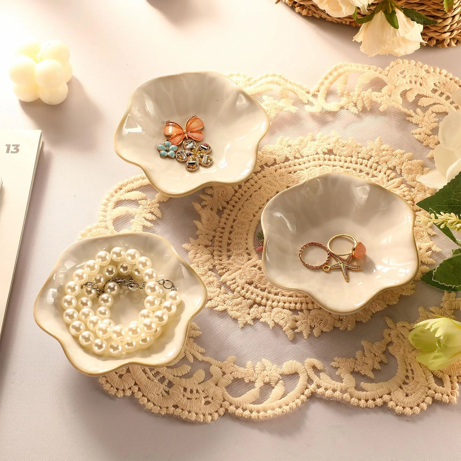 8 Pcs Ceramic Trinket Dish Lotus Leaf Jewelry Tray Small Ring Dish for Earrings, Rings, Jewelry Holder, Key Bowl(White)