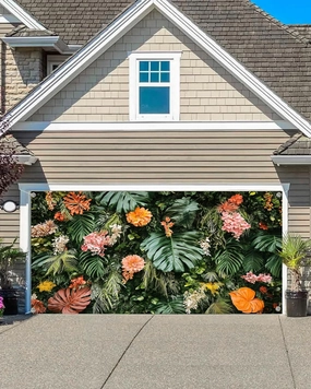 8x6 ft,Tropical Green Leaves Garage Door Banner, Jungle Rainforest Natural Scenery Garage Door Cover Decorations Baby Shower Birthday Party Camping Outdoor Party Garage Door Background,