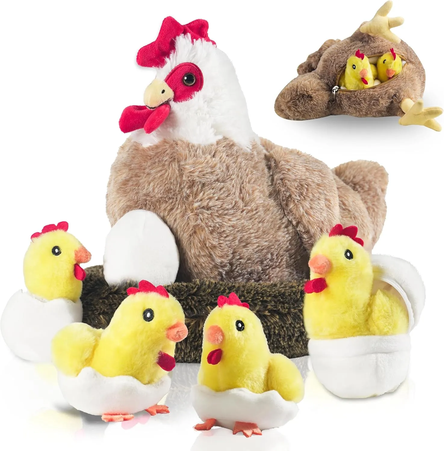 9 in 1 Chicken Stuffed Animal, Stuffed Chicken Toys for Kids - Egg Laying Hen Plush with Hen House, Baby Chicks and Eggs in Zippered Belly for Boys Girls Birthday Gifts Farm Party Decors