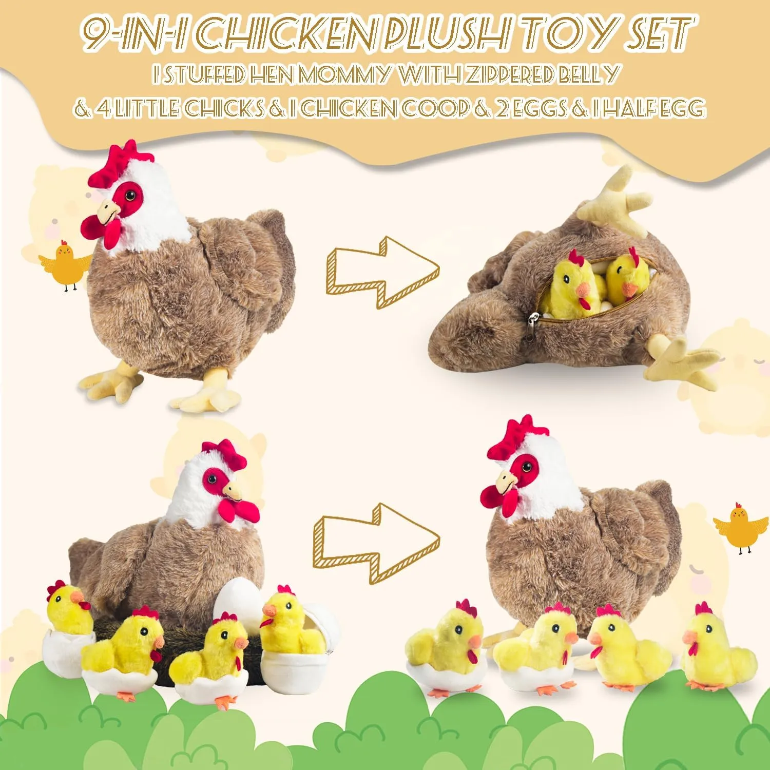 9 in 1 Chicken Stuffed Animal, Stuffed Chicken Toys for Kids - Egg Laying Hen Plush with Hen House, Baby Chicks and Eggs in Zippered Belly for Boys Girls Birthday Gifts Farm Party Decors