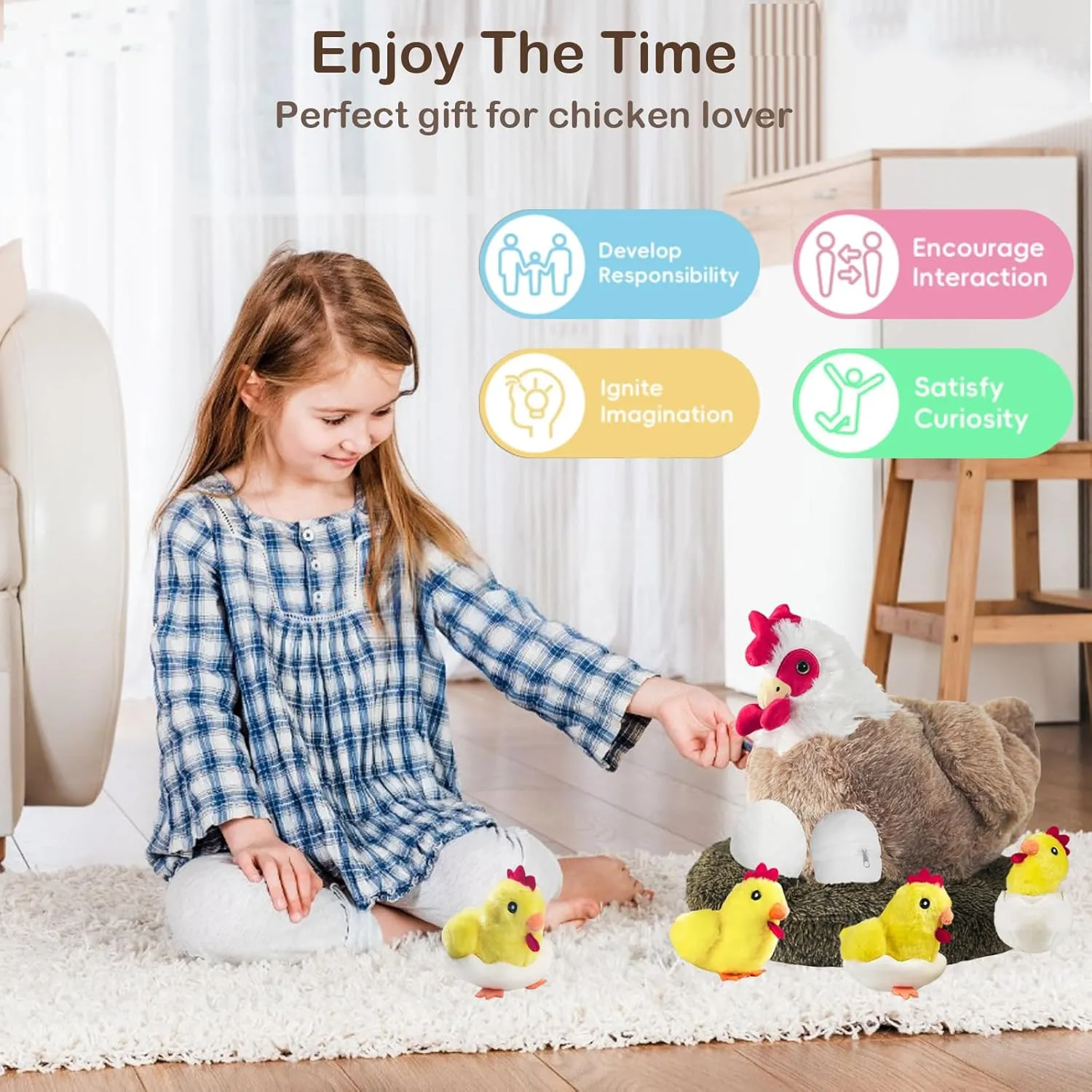 9 in 1 Chicken Stuffed Animal, Stuffed Chicken Toys for Kids - Egg Laying Hen Plush with Hen House, Baby Chicks and Eggs in Zippered Belly for Boys Girls Birthday Gifts Farm Party Decors