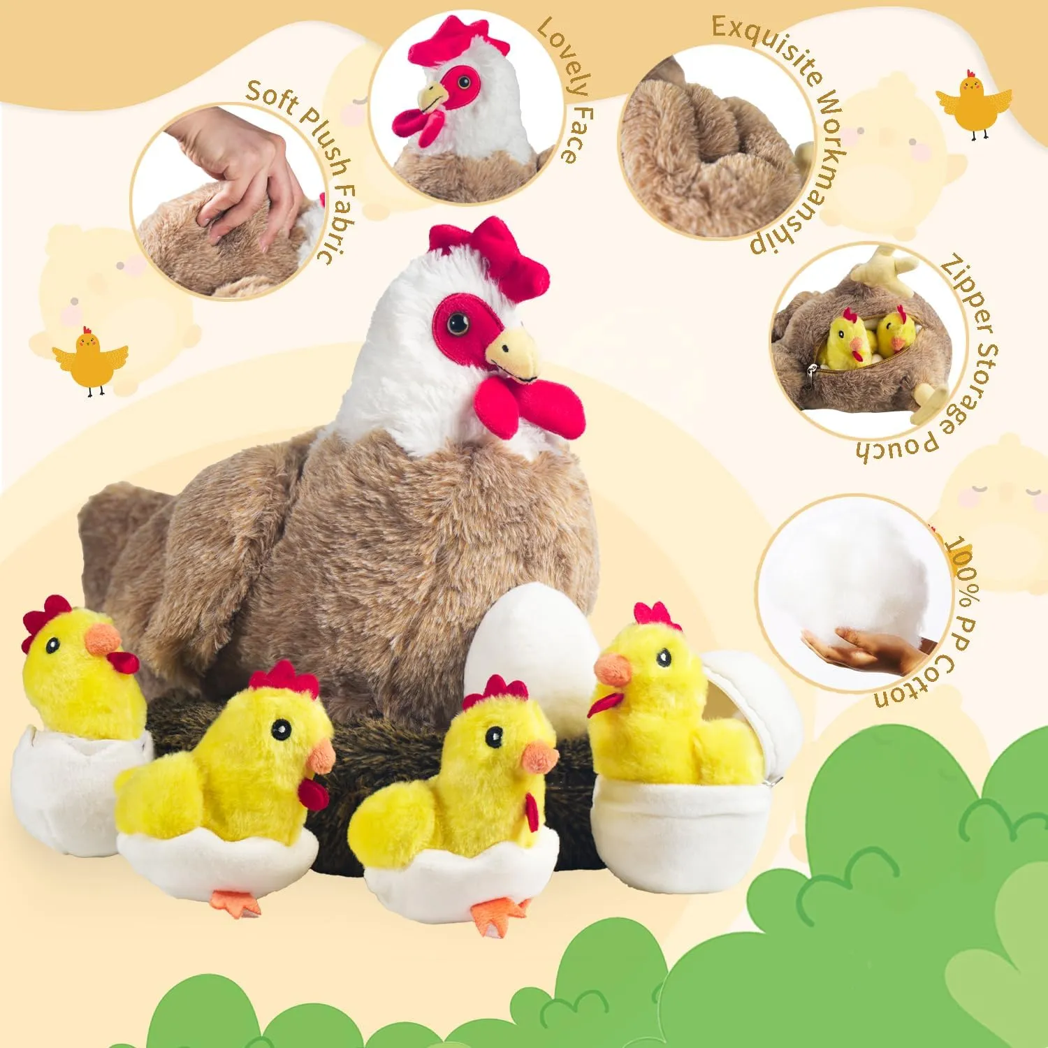 9 in 1 Chicken Stuffed Animal, Stuffed Chicken Toys for Kids - Egg Laying Hen Plush with Hen House, Baby Chicks and Eggs in Zippered Belly for Boys Girls Birthday Gifts Farm Party Decors