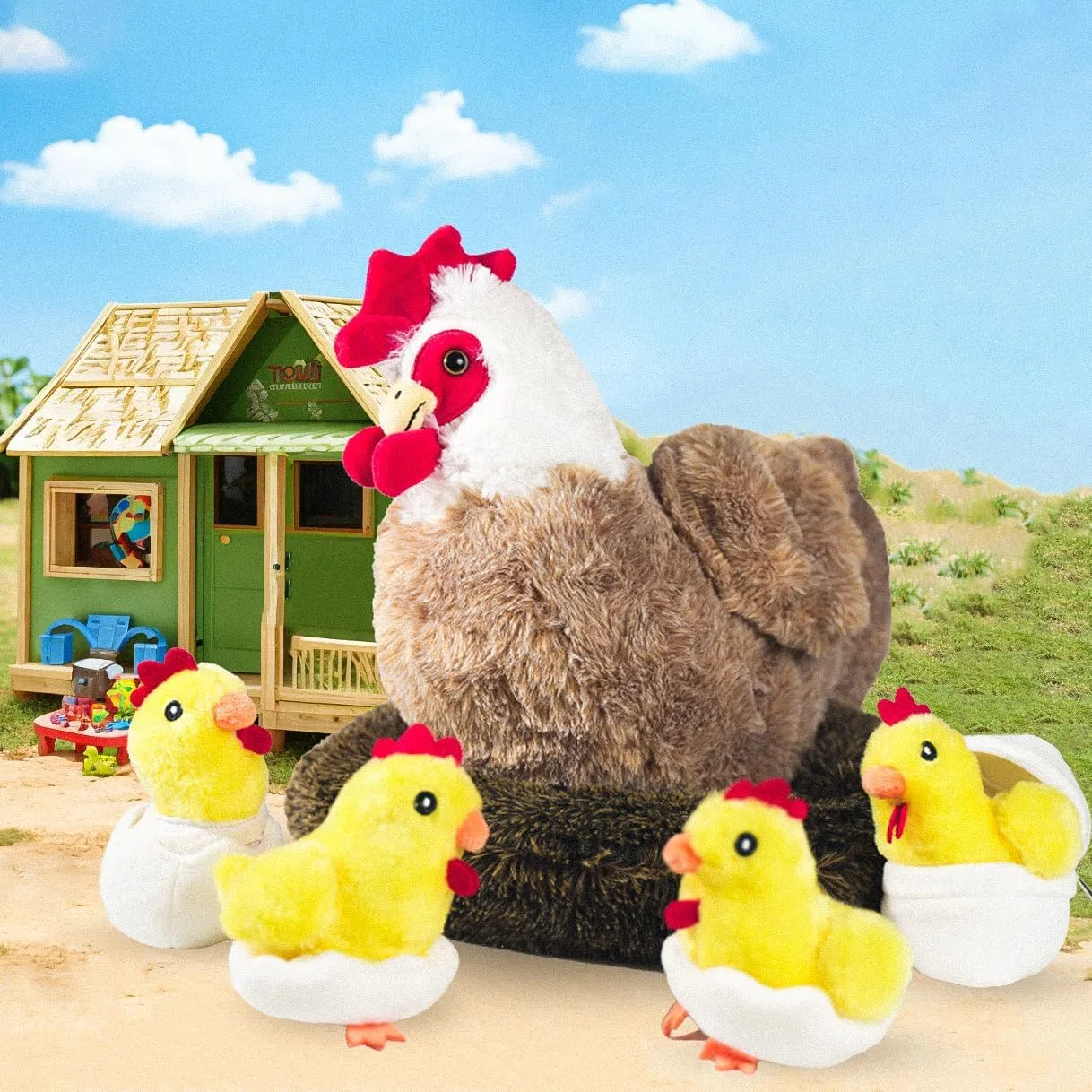 9 in 1 Chicken Stuffed Animal, Stuffed Chicken Toys for Kids - Egg Laying Hen Plush with Hen House, Baby Chicks and Eggs in Zippered Belly for Boys Girls Birthday Gifts Farm Party Decors