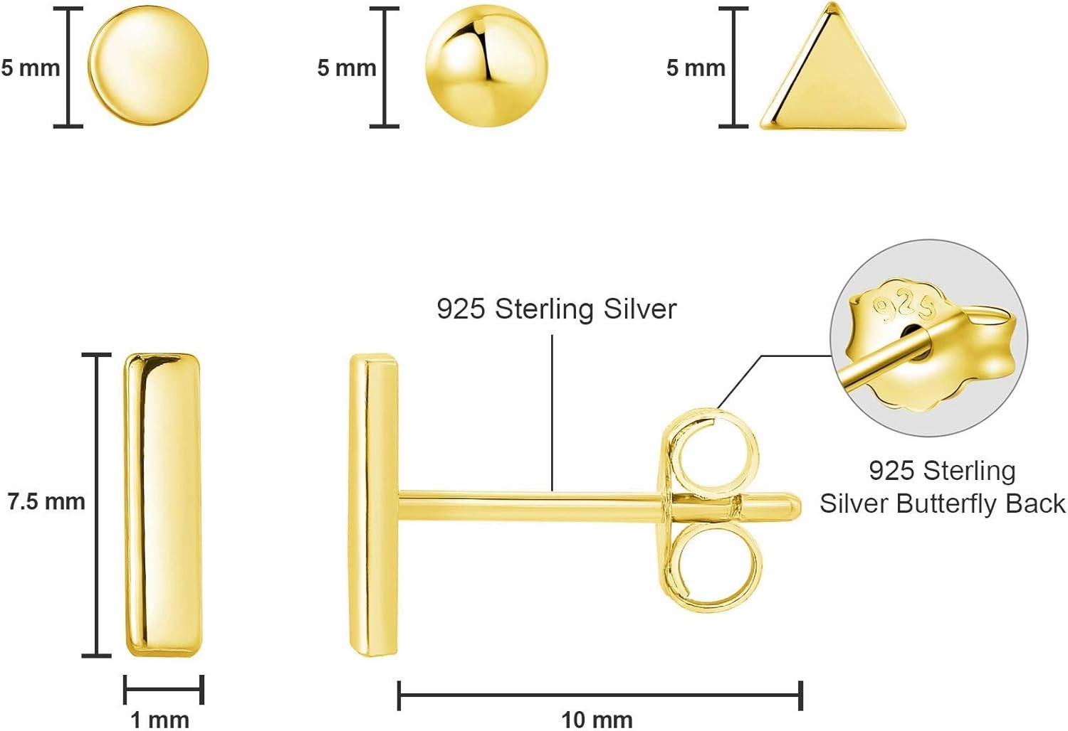 925 Sterling Silver Stud Earrings for Women, 4 Pairs 14K White Gold Plated Hypoallergenic Small Silver Stud Earrings Set for Women Men