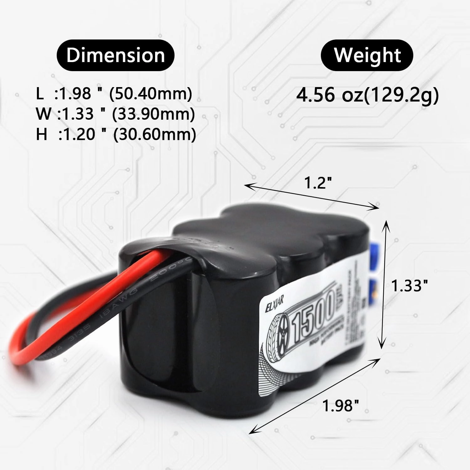 (2-Pack) 7.2V 1500mAh 6-Cell NiMH Rechargeable Battery with EC3 Connector, Compatible with Mini RC Cars, High-Performance Vehicles, and Racing Models, DYNB2473