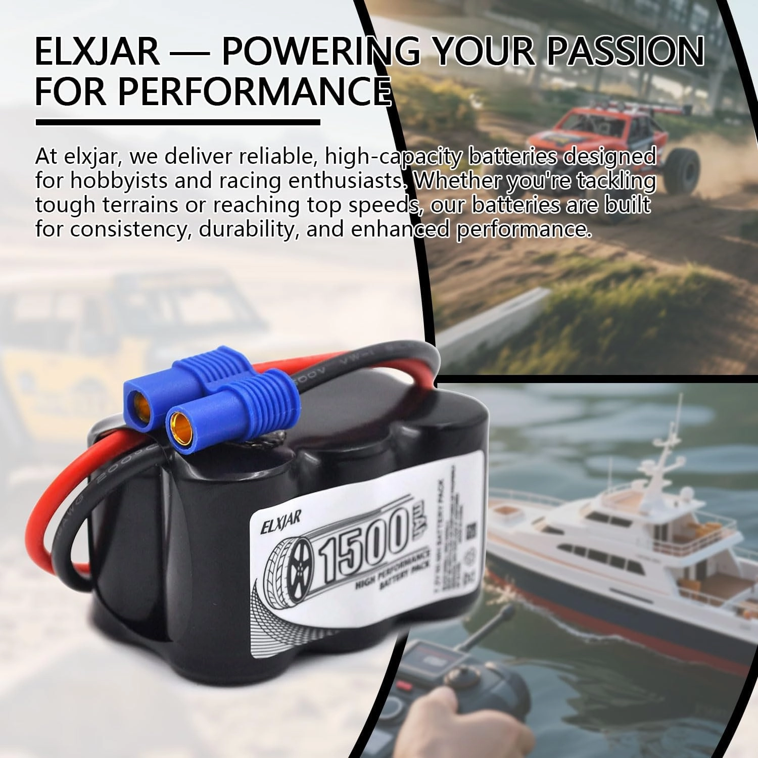 (2-Pack) 7.2V 1500mAh 6-Cell NiMH Rechargeable Battery with EC3 Connector, Compatible with Mini RC Cars, High-Performance Vehicles, and Racing Models, DYNB2473