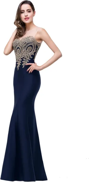 Adult Prom Dress for Women - Gold Lace Applique Long Sheer Illusion Mermaid Formal Dresses Evening Gown