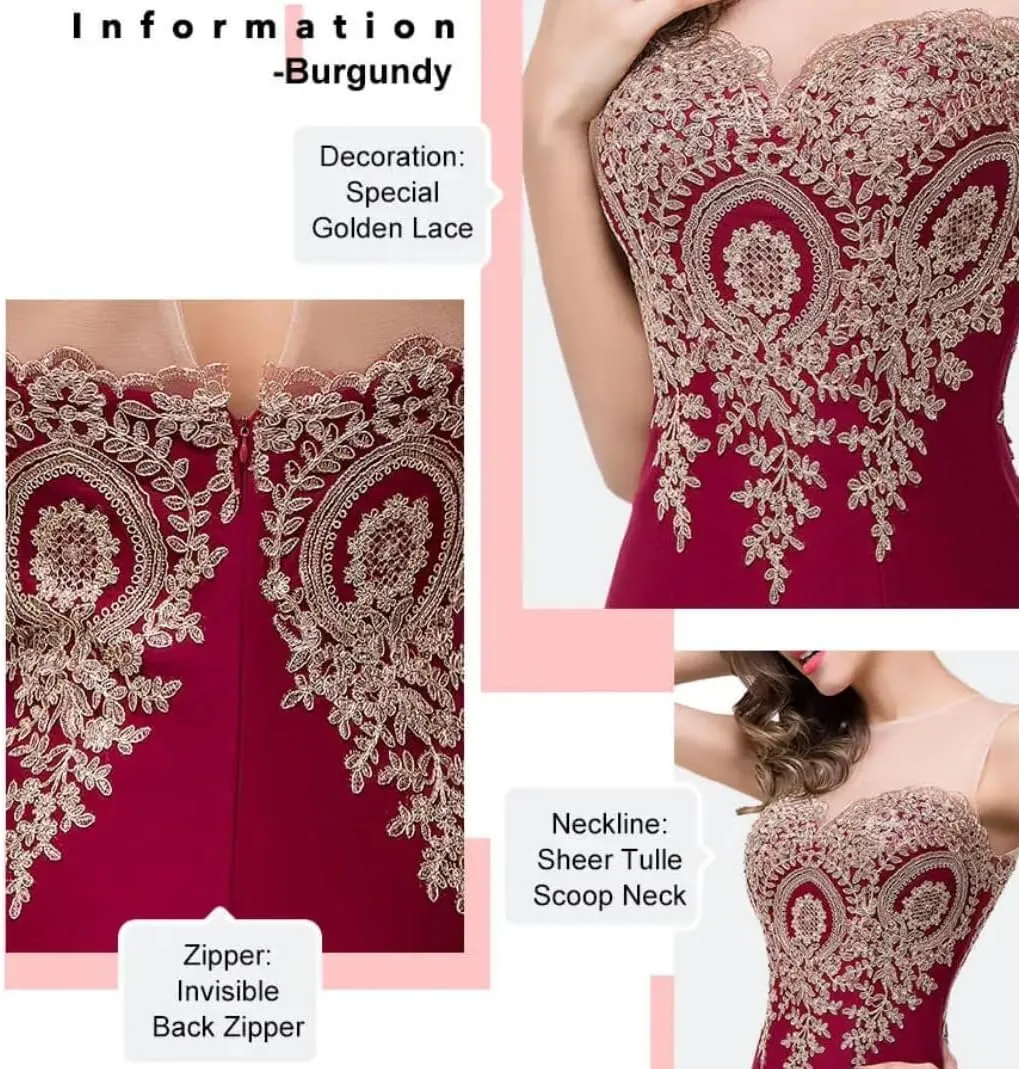 Adult Prom Dress for Women - Gold Lace Applique Long Sheer Illusion Mermaid Formal Dresses Evening Gown