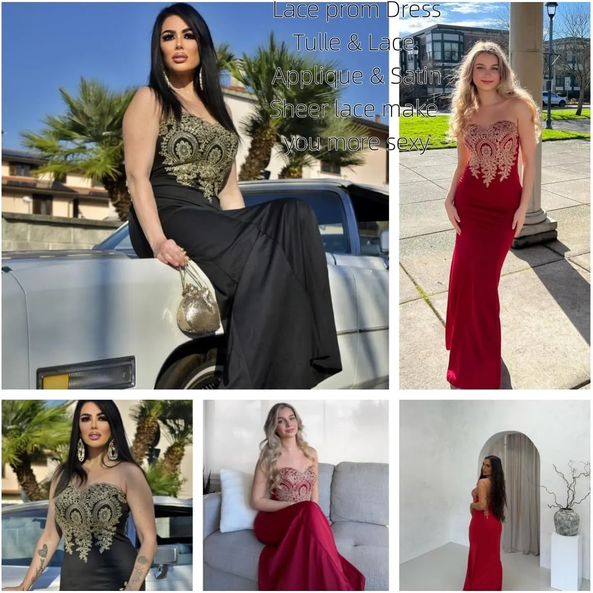 Adult Prom Dress for Women - Gold Lace Applique Long Sheer Illusion Mermaid Formal Dresses Evening Gown
