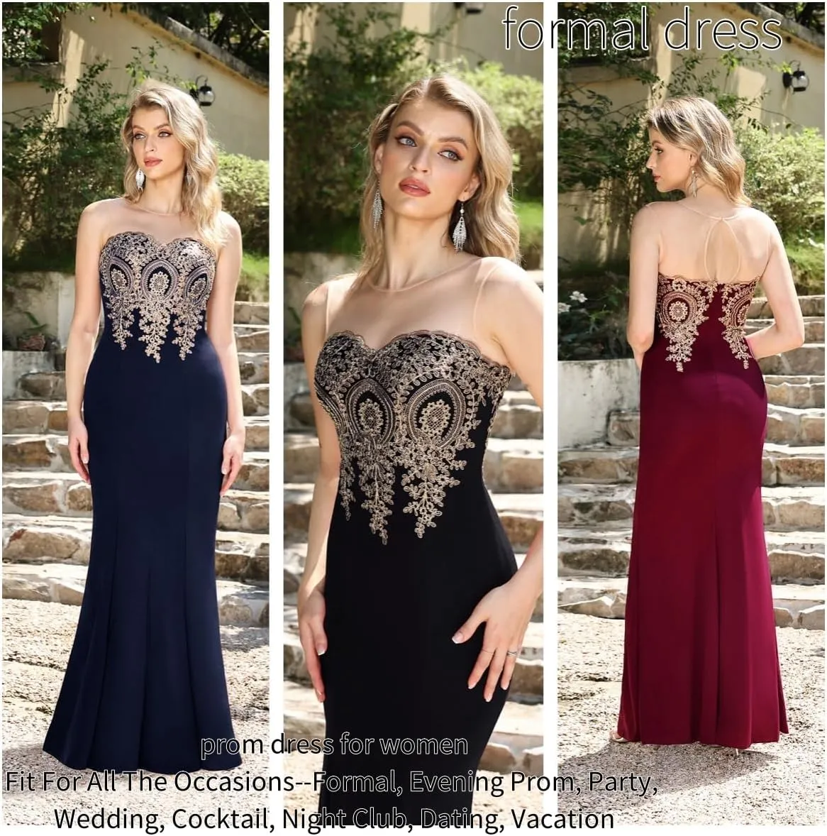 Adult Prom Dress for Women - Gold Lace Applique Long Sheer Illusion Mermaid Formal Dresses Evening Gown