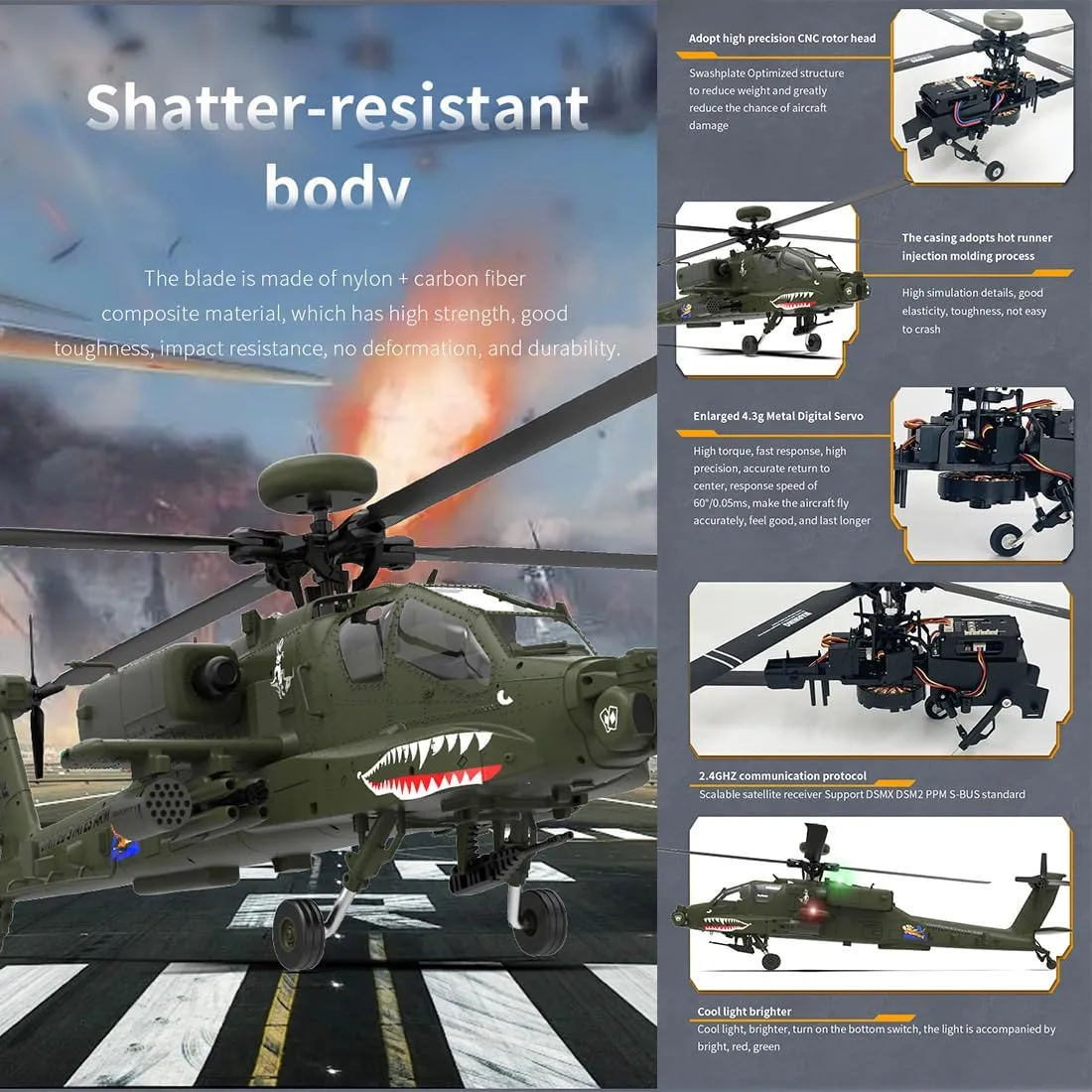 Aetheria RC Helicopter F11 AH64 Airplane, 2.4G 6CH Remote Control Aircraft, Dual Brushless Motor, 6G/3D Stunt Copter Model for Adults-1:32 Scale (RTF Version)