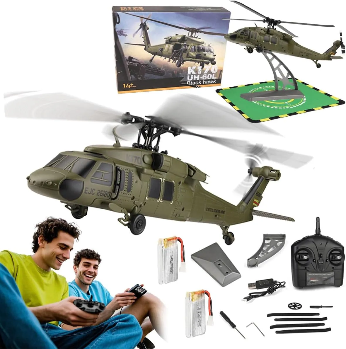 Aetheria WL K170 RC Helicopter with Altitude Hovering, 2.4G 4CH Remote Control Military Aircraft, UH-60L Brushless Motor Flybarless Helicopter, 6G/3D Stunt Copter Model for Adults - RTF