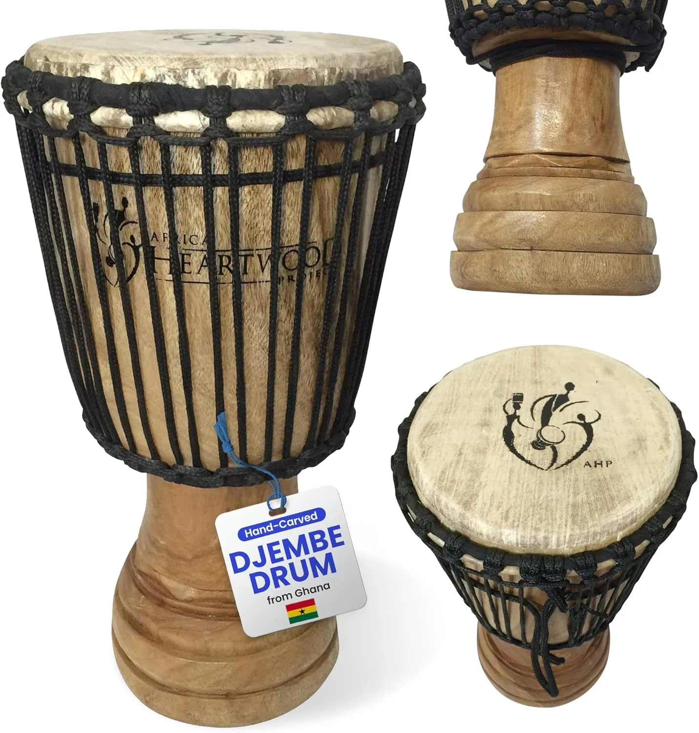 Africa Heartwood Project Hand-Carved Djembe Drum from Ghana - 8"x16" Authentic Classical African Djembe - Solid Wood Shell & Natural Goat Skin - Ready to Play Out of the Box Musical Instrument