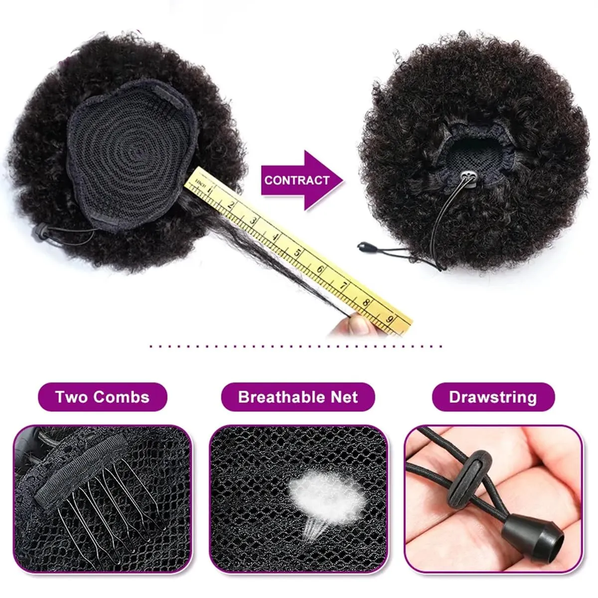 Afro Buns for Black Women 100% Brazilian Human Hair Red #99J Kinky Curly Afro Puff Drawstring Ponytail Hair Burgundy Color Bun Extensions for Women 8 Inch