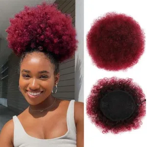 Afro Buns for Black Women 100% Brazilian Human Hair Red #99J Kinky Curly Afro Puff Drawstring Ponytail Hair Burgundy Color Bun Extensions for Women 8 Inch
