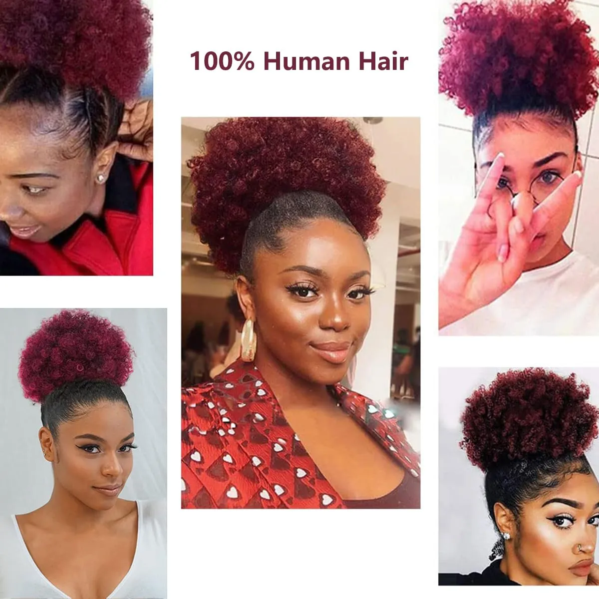 Afro Buns for Black Women 100% Brazilian Human Hair Red #99J Kinky Curly Afro Puff Drawstring Ponytail Hair Burgundy Color Bun Extensions for Women 8 Inch