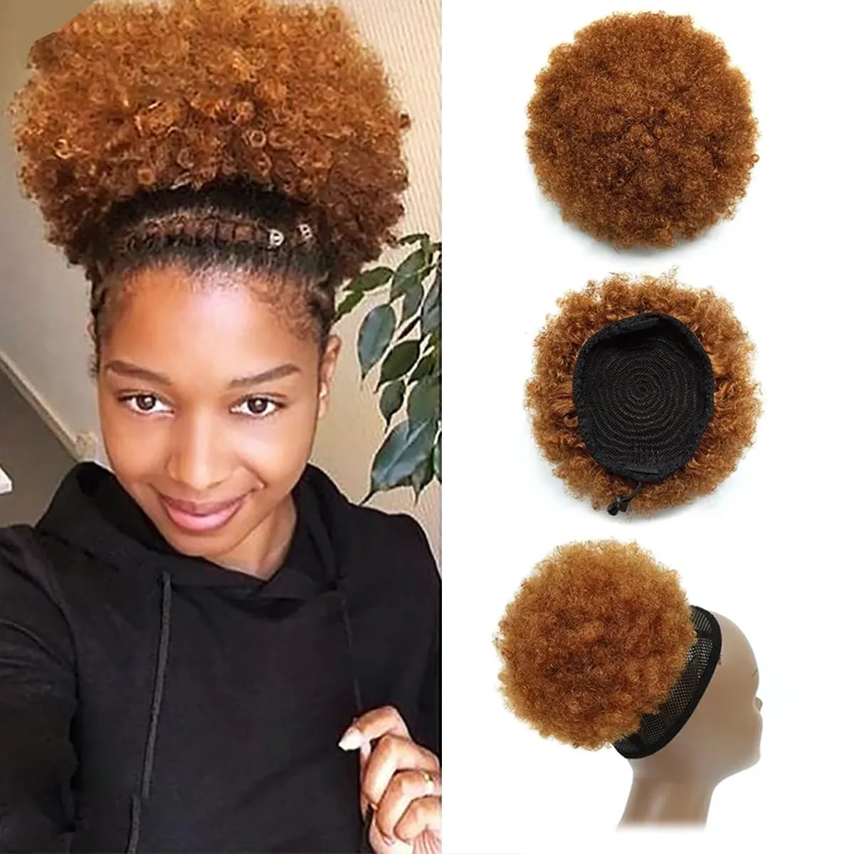 Afro Puffs Drawstring Human Hair Buns 30# Kinky Curly Drawstring Ponytail Human Hair Extension for Black Women 10% Brazilian Human Hair Dark Brown Bun (Afro Puff Drawstring Ponytail, #30, 8 Inch)