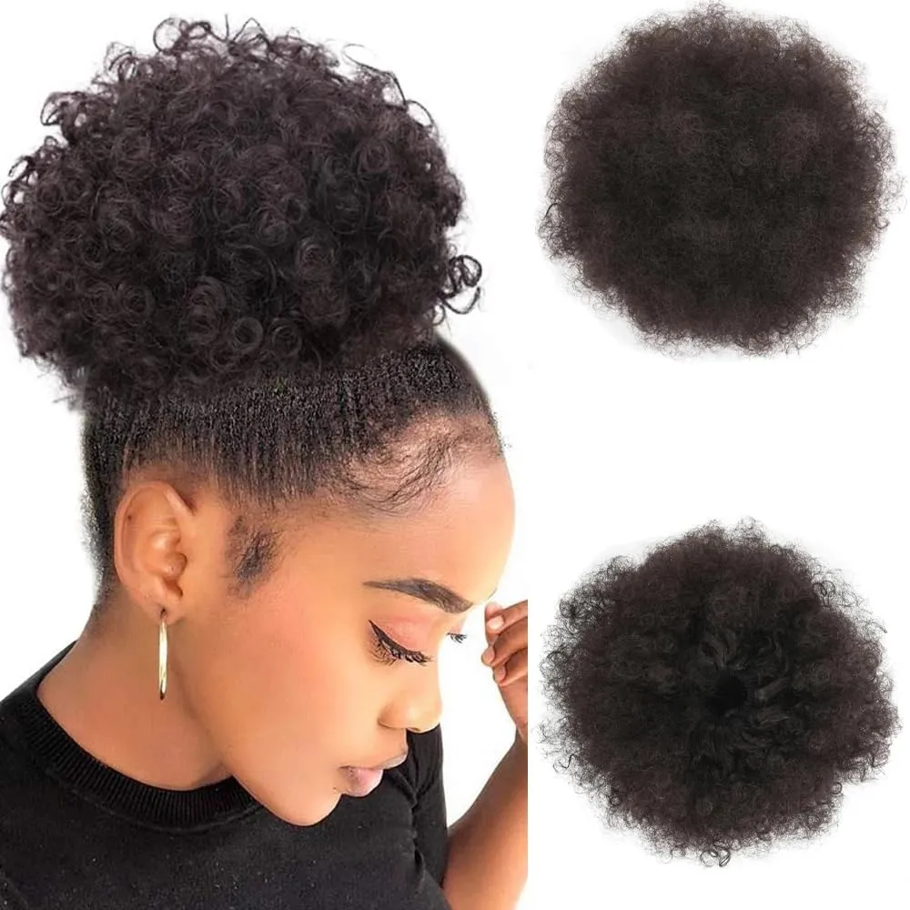 Afro Puffs Drawstring Human Hair Buns Natural Two Drawstring Puffs Ponytail Extensions 8 Inch Natural Black 1B# Hairpiece with Two Clips for Women Girls 100% Human Hair