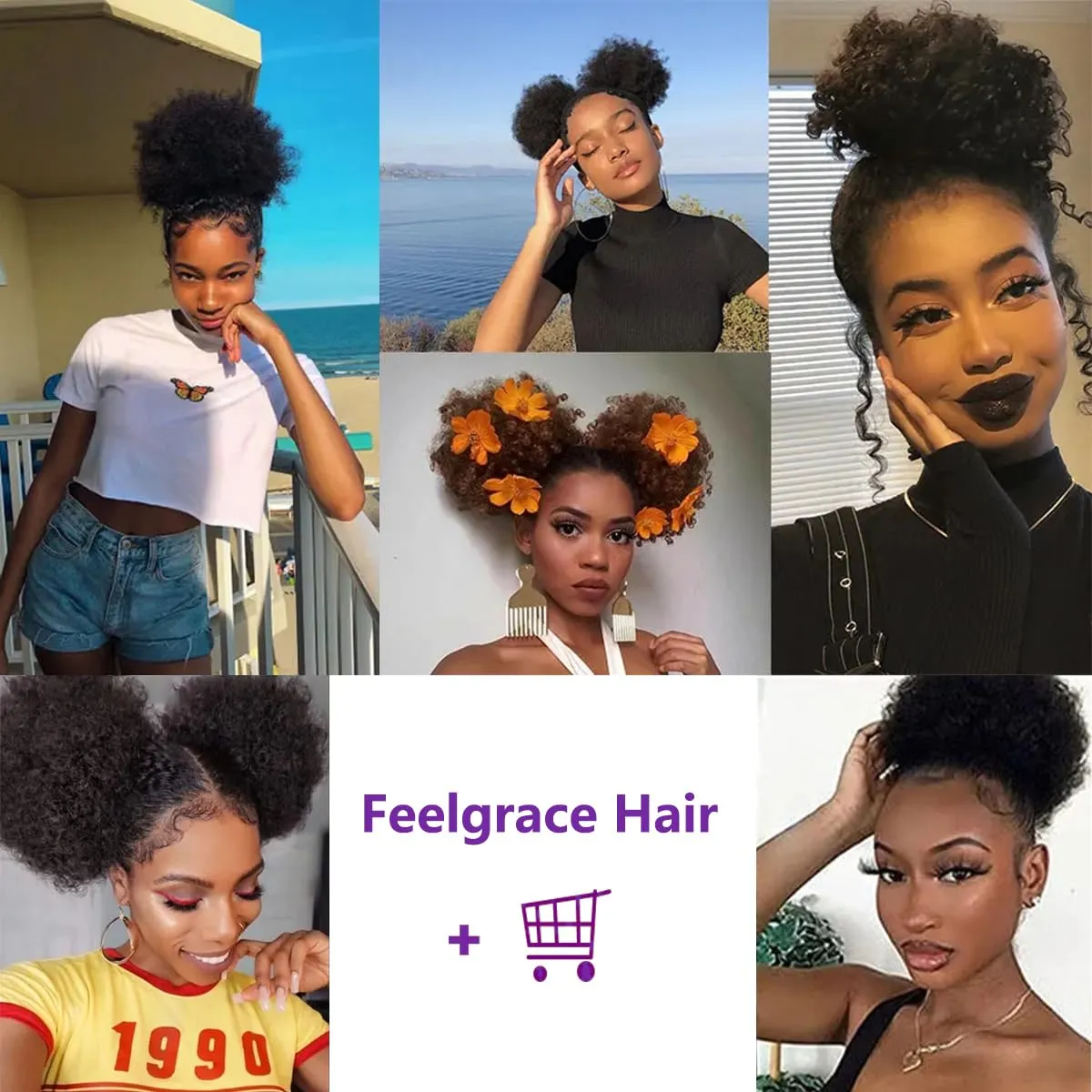 Afro Puffs Drawstring Human Hair Buns Natural Two Drawstring Puffs Ponytail Extensions 8 Inch Natural Black 1B# Hairpiece with Two Clips for Women Girls 100% Human Hair