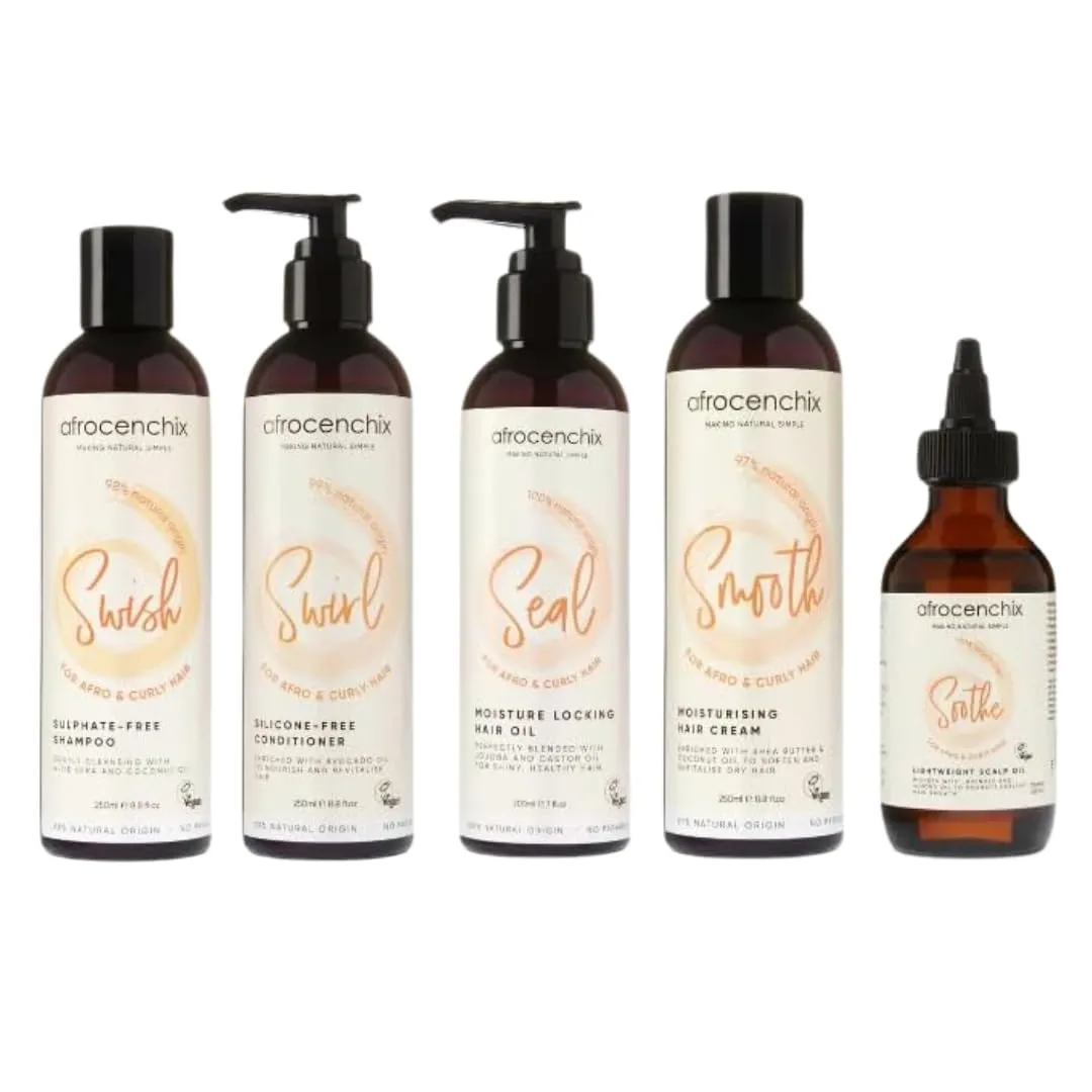 Afrocenchix Full Hair Care Set - Sulphate Free Shampoo, Silicone Free Conditioner, Natural Moisturing Cream, Natural Scalp Essential Oil, Moisutre Locking Jojoba Oil