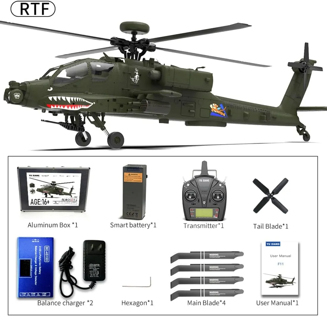 AH-64 Apache Military RC Helicopter - 2.4G 6CH System, 6-Axis Gyro & LED Lights, 1:32 Scale with Realistic Details, Beginner-Friendly Indoor/Outdoor Flying for Adults Collectors (RTF)