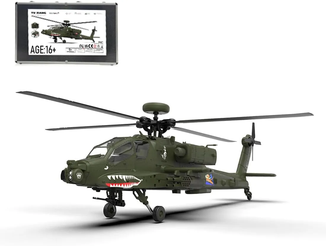 AH-64 Apache Military RC Helicopter - 2.4G 6CH System, 6-Axis Gyro & LED Lights, 1:32 Scale with Realistic Details, Beginner-Friendly Indoor/Outdoor Flying for Adults Collectors (RTF)