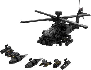 AH64E Military Apache Helicopter Building Blocks, MOC Army Helicopter Model Kits, Military Assembly Kits for Adults, Perfect House Ornament, 1191 Pieces, Black