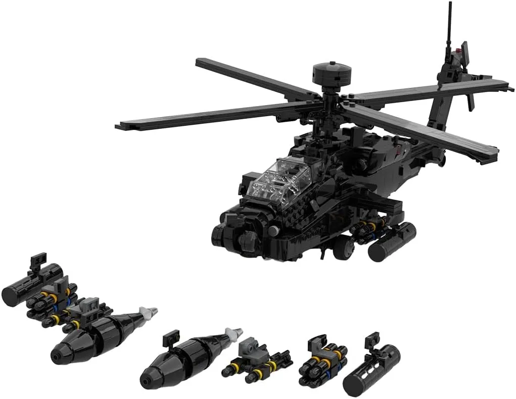 AH64E Military Apache Helicopter Building Blocks, MOC Army Helicopter Model Kits, Military Assembly Kits for Adults, Perfect House Ornament, 1191 Pieces, Black