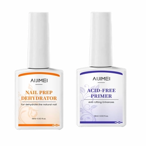 AIJIMEI Professional Natural Nail Polish Dehydration and Acid Free Primer for Acrylic Acid and Gel Nail Polish, Quick Drying Advanced Adhesive Set（18ml/0.63fl.oz)