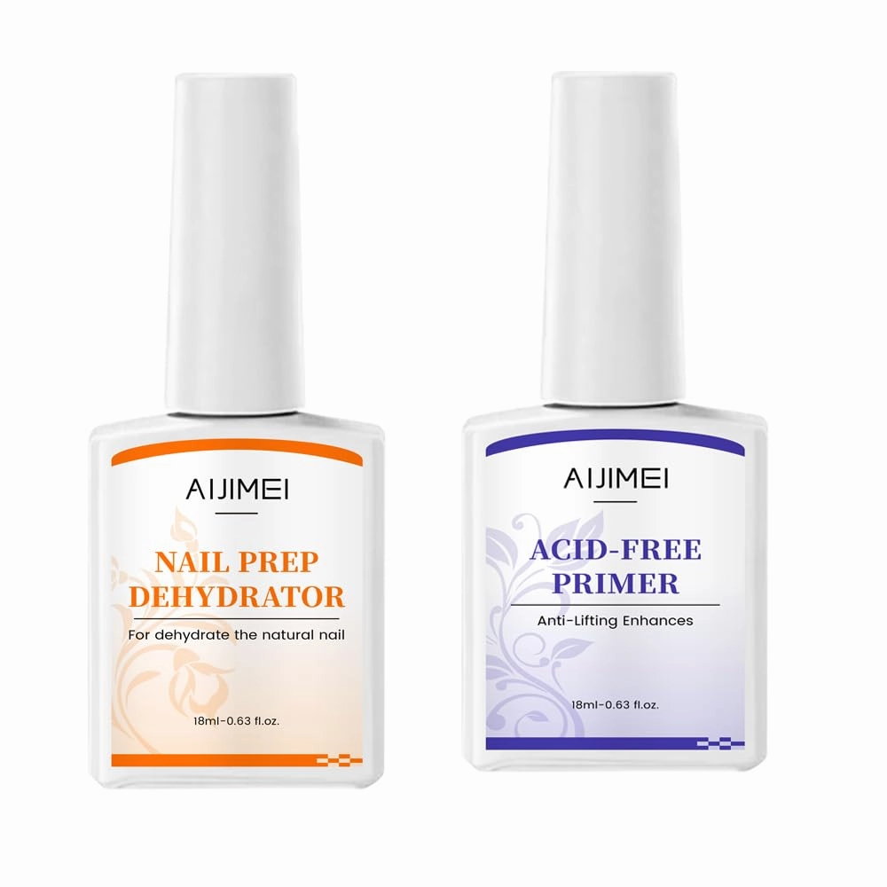 AIJIMEI Professional Natural Nail Polish Dehydration and Acid Free Primer for Acrylic Acid and Gel Nail Polish, Quick Drying Advanced Adhesive Set（18ml/0.63fl.oz)