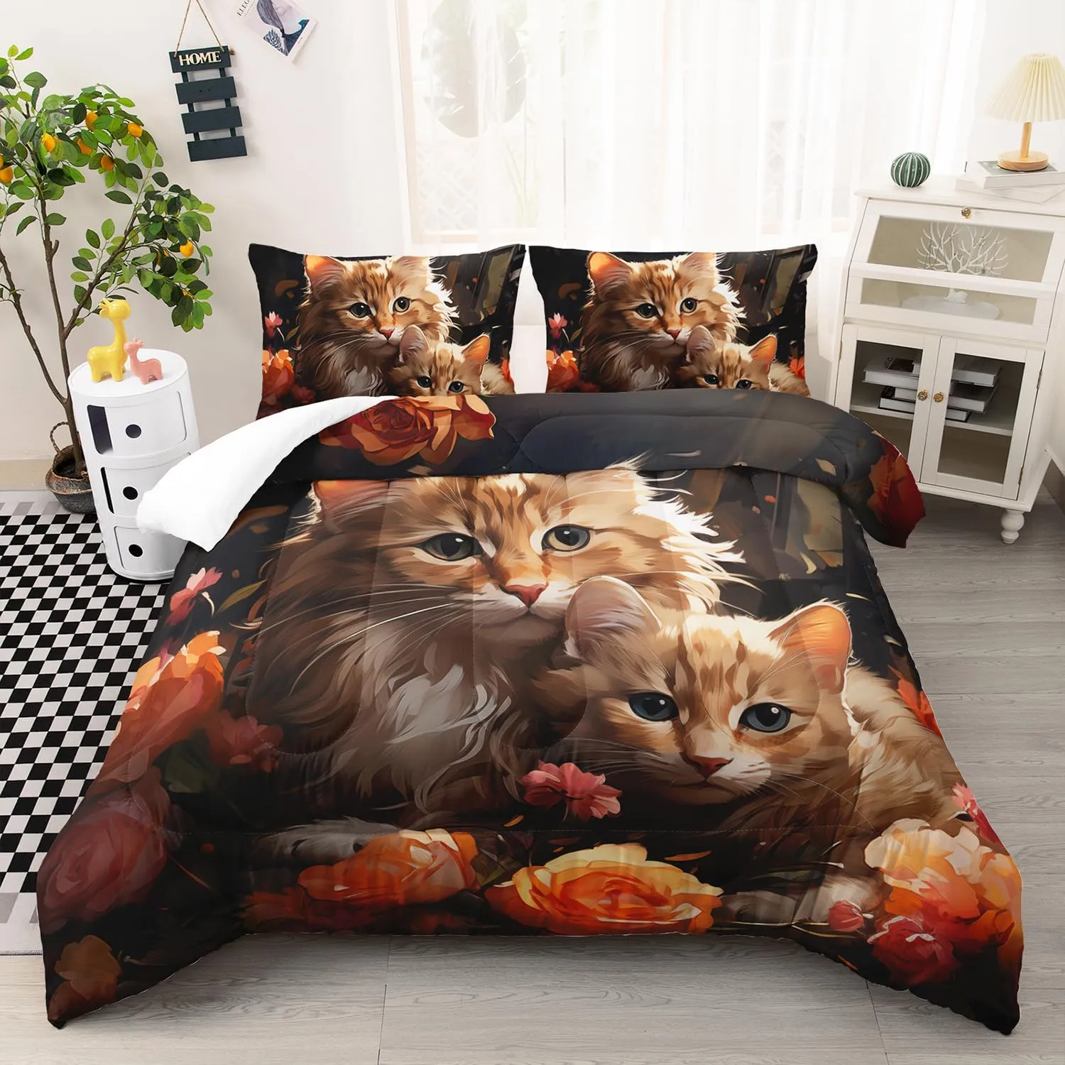AILONEN 3D Kawaii Cat Comforter Set Twin Size, Lovely Kitten Mom and Son Bedding Set for Girls Boys,Cute Animal with Flowers Bed in a Bag for Kids Bedroom,3Pcs (1 Quilt   2 Pillowcases)