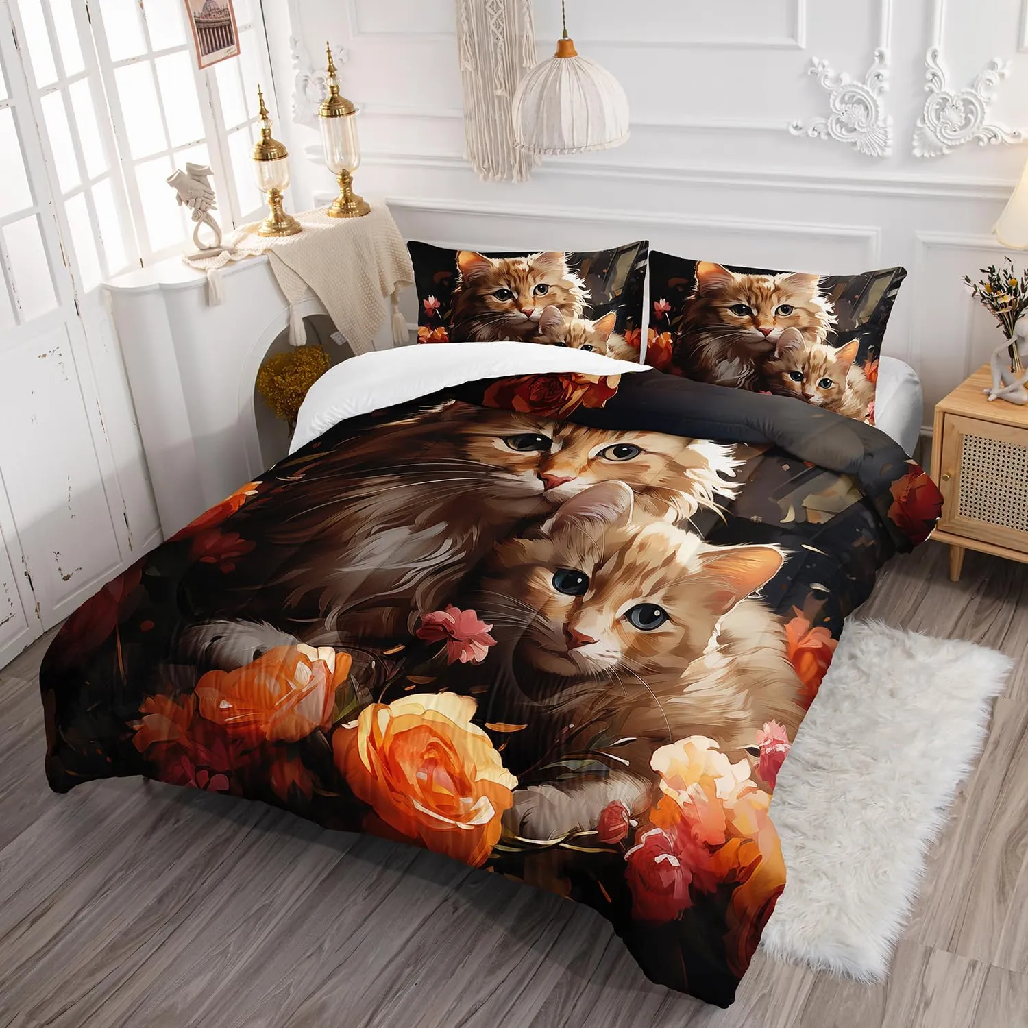 AILONEN 3D Kawaii Cat Comforter Set Twin Size, Lovely Kitten Mom and Son Bedding Set for Girls Boys,Cute Animal with Flowers Bed in a Bag for Kids Bedroom,3Pcs (1 Quilt   2 Pillowcases)