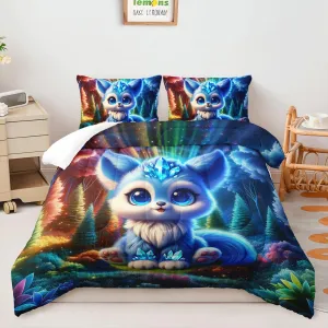 AILONEN Cute Fox Comforter Set Twin Size,Blue Fox Bedding Set,Colorful Fairy Fantasy Animal Printed Duvet Set 3 Pieces,Kawaii Comforter with 2 Pillowcases