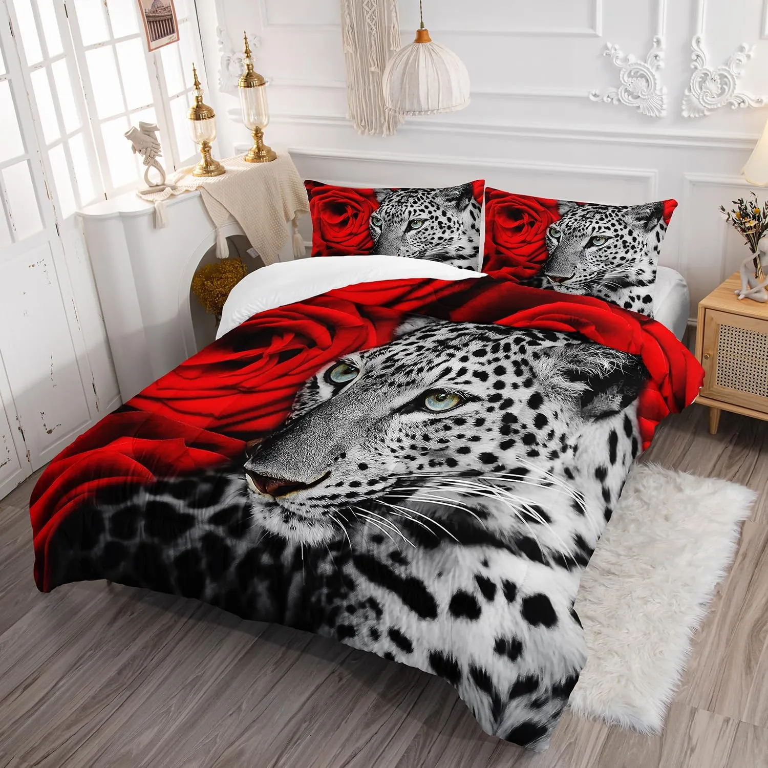 AILONEN Leopard Print Comforter Set, Animal Cheetah Bedding Set Queen Red Rose Comforter Set,Romantic Rose Flower Women Girls Bed in a Bag 3 Pieces,1 Quilt and 2 Pillowcases
