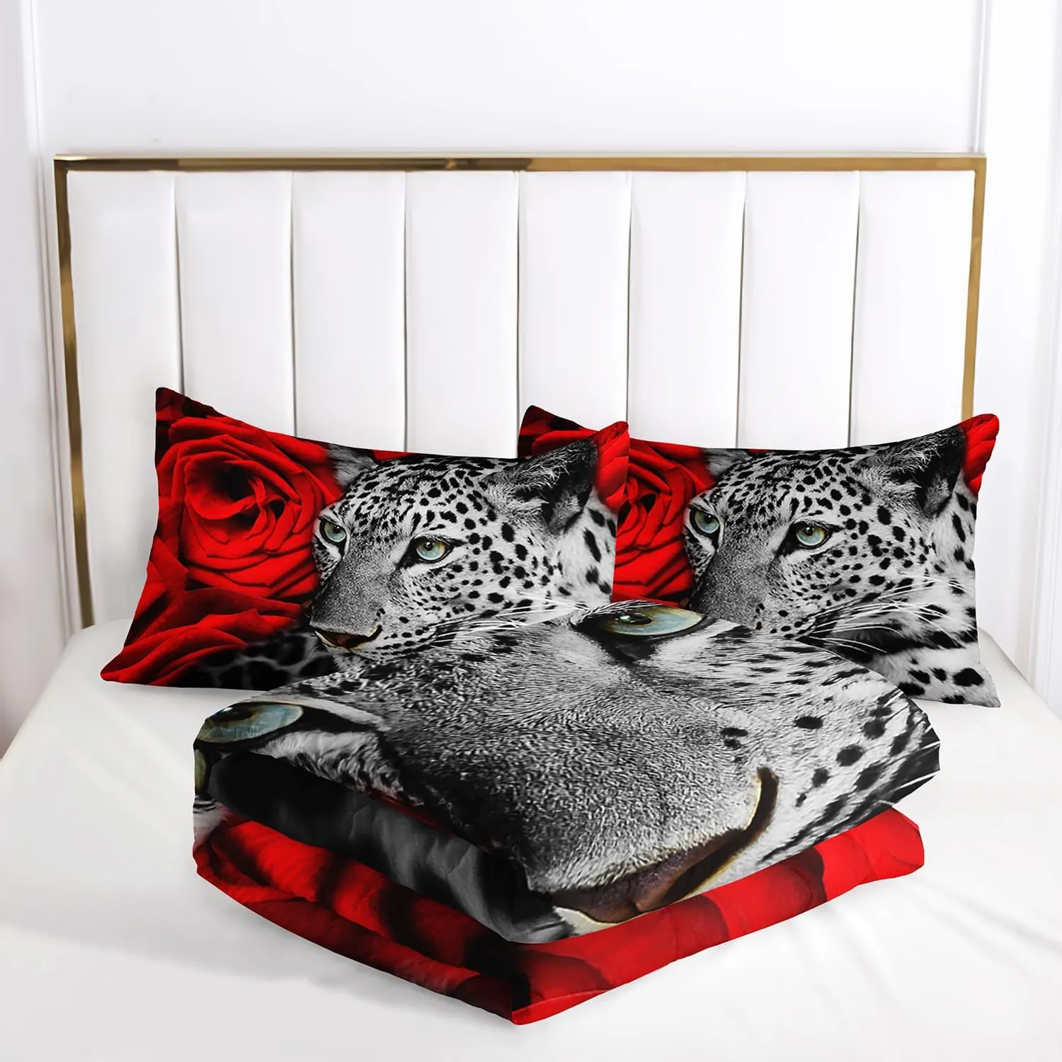 AILONEN Leopard Print Comforter Set, Animal Cheetah Bedding Set Queen Red Rose Comforter Set,Romantic Rose Flower Women Girls Bed in a Bag 3 Pieces,1 Quilt and 2 Pillowcases