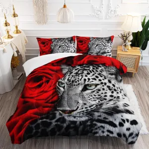 AILONEN Leopard Print Comforter Set, Animal Cheetah Bedding Set Queen Red Rose Comforter Set,Romantic Rose Flower Women Girls Bed in a Bag 3 Pieces,1 Quilt and 2 Pillowcases