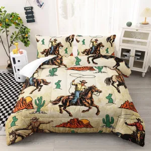 AILONEN Western Cowboy Comforter Set Queen Size, Rodeo Cowboy Riding Bull with Cacti Western Style Bedding Set for Girls Boys Girls,Ranch Jomon Bed in a Bag Duvet Set,1 Quilt and 2 Pillowcases,3PCS