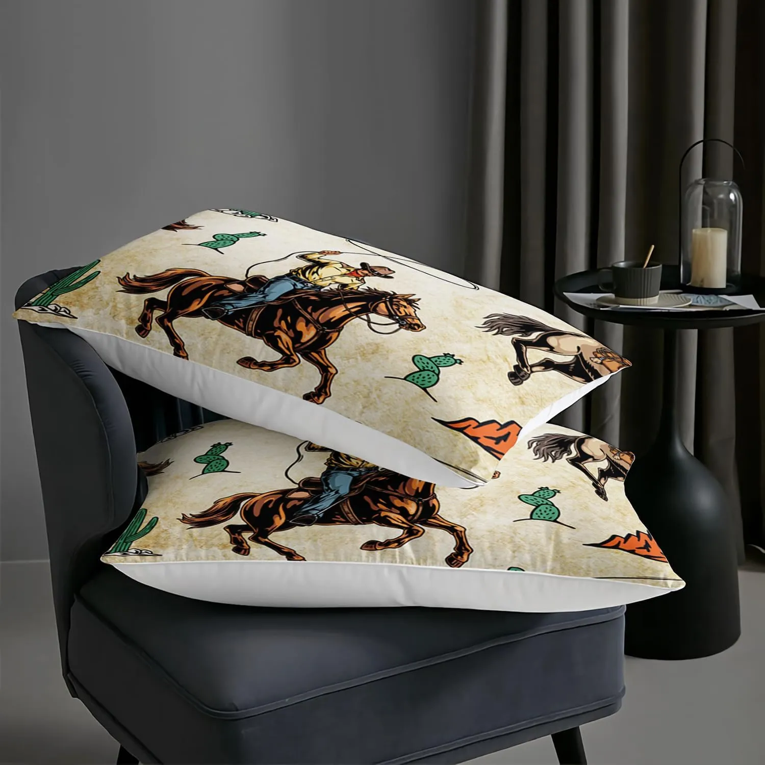 AILONEN Western Cowboy Comforter Set Queen Size, Rodeo Cowboy Riding Bull with Cacti Western Style Bedding Set for Girls Boys Girls,Ranch Jomon Bed in a Bag Duvet Set,1 Quilt and 2 Pillowcases,3PCS
