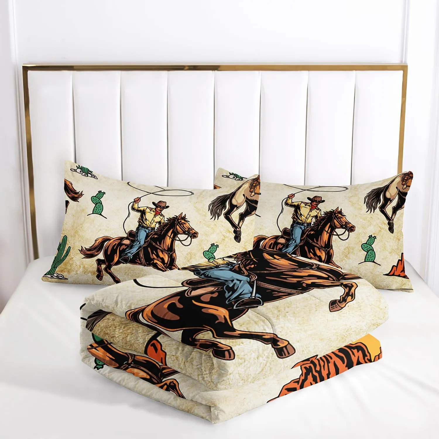 AILONEN Western Cowboy Comforter Set Queen Size, Rodeo Cowboy Riding Bull with Cacti Western Style Bedding Set for Girls Boys Girls,Ranch Jomon Bed in a Bag Duvet Set,1 Quilt and 2 Pillowcases,3PCS