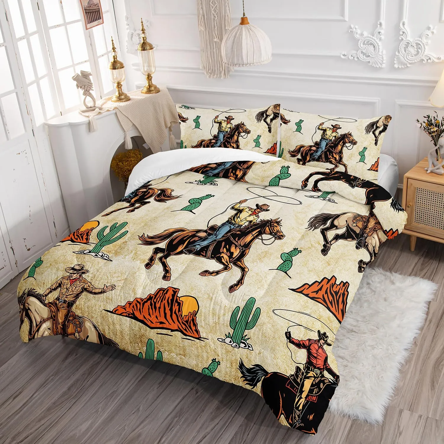 AILONEN Western Cowboy Comforter Set Queen Size, Rodeo Cowboy Riding Bull with Cacti Western Style Bedding Set for Girls Boys Girls,Ranch Jomon Bed in a Bag Duvet Set,1 Quilt and 2 Pillowcases,3PCS