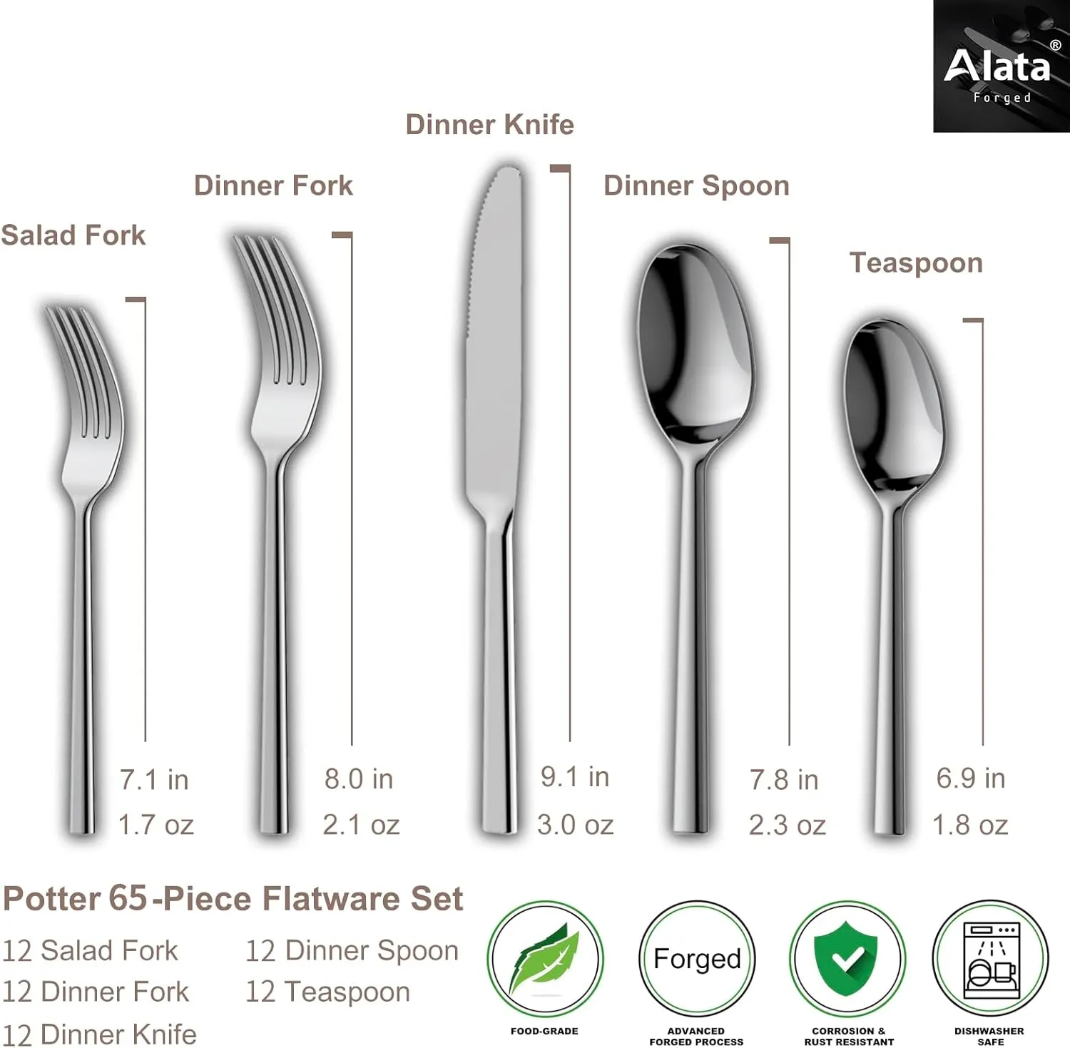Alata Potter 65-Piece Forged Silverware Set, Service for 12 – Premium Stainless Steel Flatware Set, Modern Design with Satin Finish, Ideal for Home, Kitchen, Party, Camping