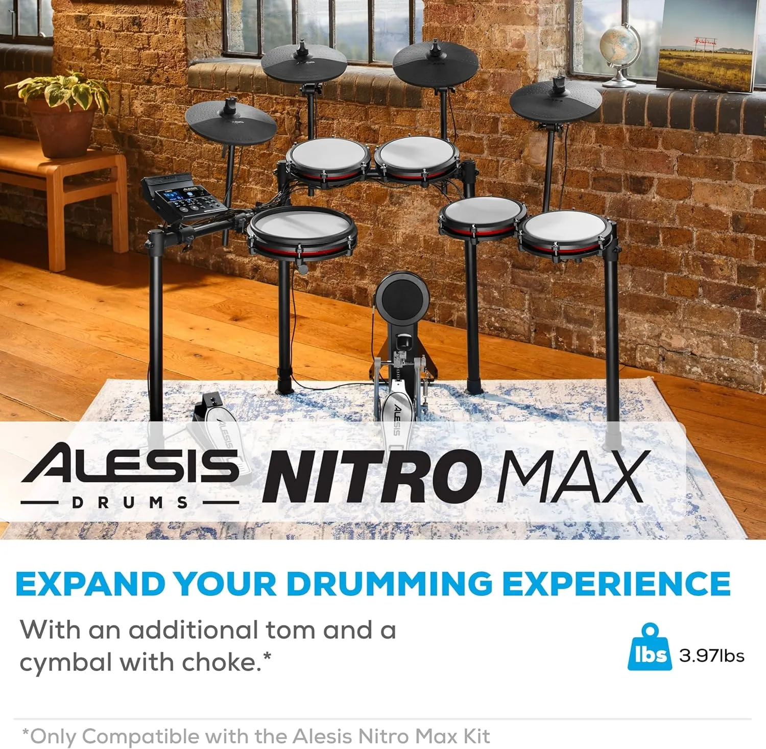 Alesis Drums Nitro Max Expansion Pack - Electric Drum Set Expansion for Nitro Max Kit with Mesh Tom Pad, 10" Cymbal with Choke and Connection Cables