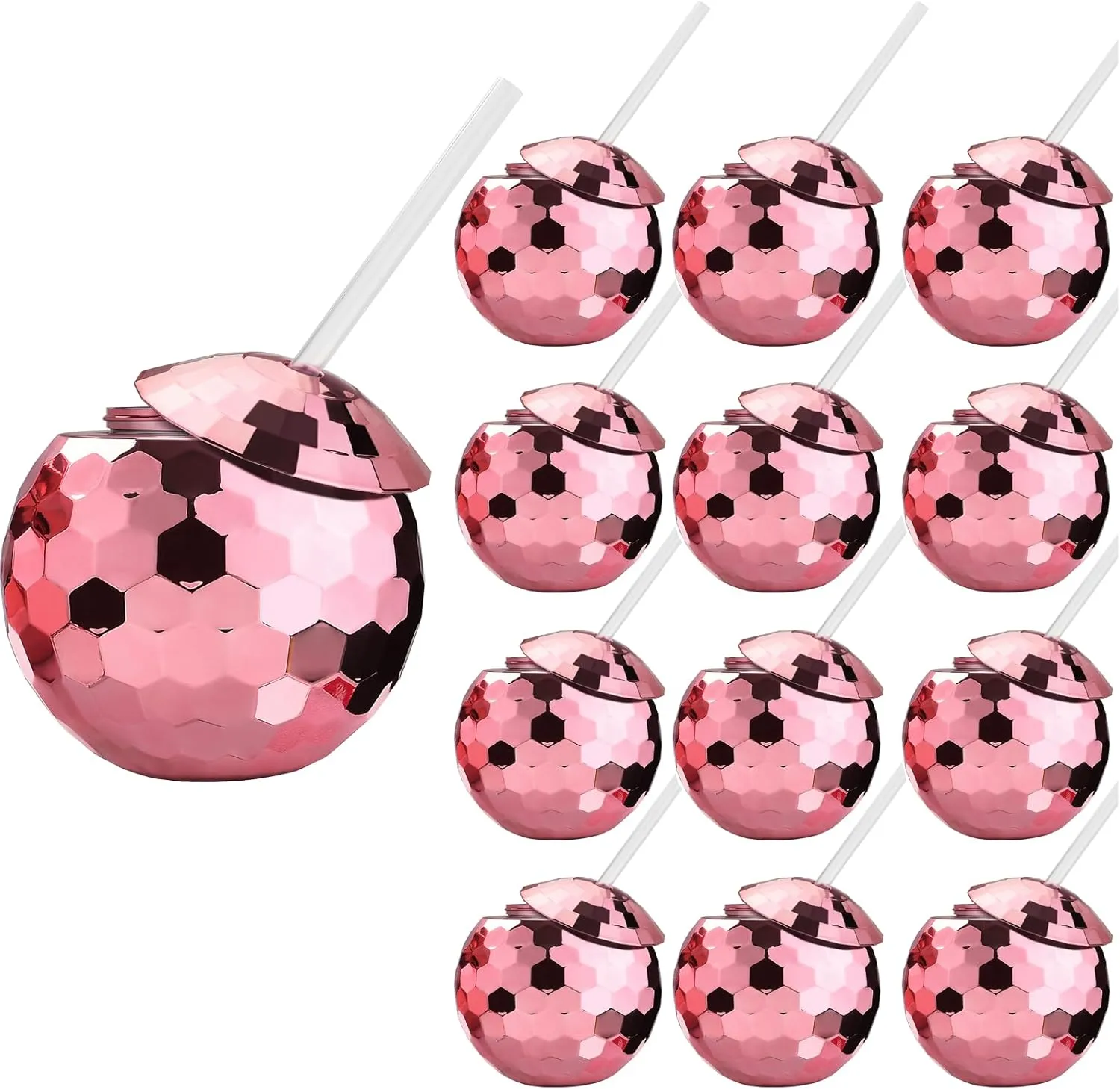 ALINK Disco Ball Cups with Straws, 20 OZ Rose Gold Sparkly Disco Party Tumbler for Bachelorette Party, Bride Shower, 1970s, Taylor Barbie Birthday Party Decorations, Pack of 12