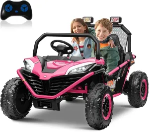 ALINUX 24 Volt 10AH Ride on Car UTV 2 Seater, Kids Electric Car, Metal Frame, Brake&Gas Pedal, EVA Tires, Bluetooth,Pink