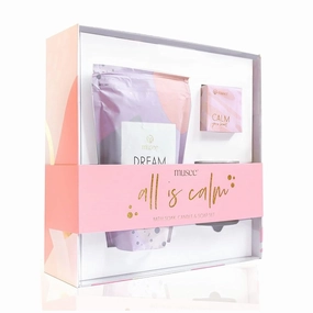 All is Calm Bath Body Gift Set, Calm Bar Soap, Dreamweaver Bath Soak, Amber Vanilla Soy Candle Musee