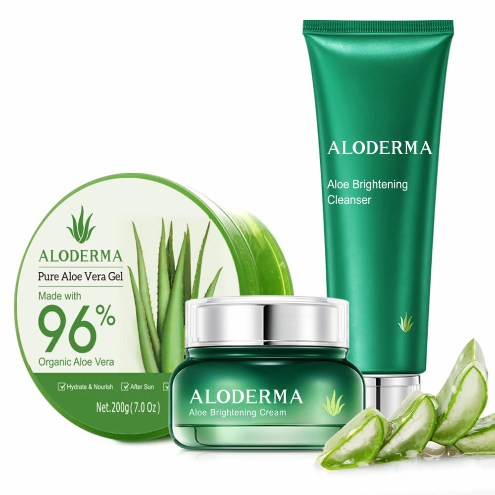 Aloderma Basic Aloe Brightening Skin Care Set - 4 Pieces - Cleanser, Cream x 2pcs, 200g Aloe Vera Gel