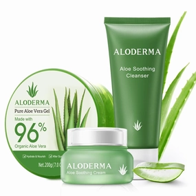 Aloderma Basic Aloe Soothing & Repairing Skin Care Set - 4 Pieces - Soothing Cleanser x2pcs, Soothing Cream, 200g Aloe Vera Gel