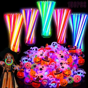 AMENON 150 Pcs Halloween Party Favors for Kids - 100 Glow Sticks and 50 LED Light Up Rings - Glow in The Dark Toy Gifts, Goodies Bag Fillers, Party Supplies