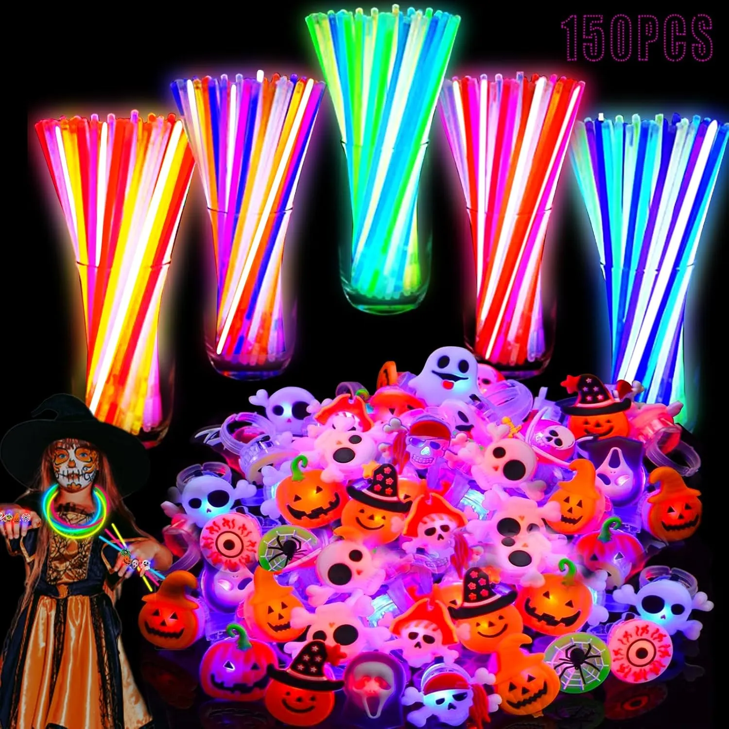 AMENON 150 Pcs Halloween Party Favors for Kids - 100 Glow Sticks and 50 LED Light Up Rings - Glow in The Dark Toy Gifts, Goodies Bag Fillers, Party Supplies